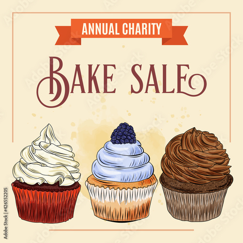 Charity Bake Sale banner template with cupcake design
