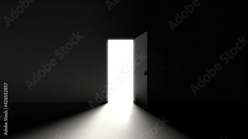 Door in a dark room opens and fills the space with bright white light in 4K resolution. Light rays coming trough. 3D render animation of opening door