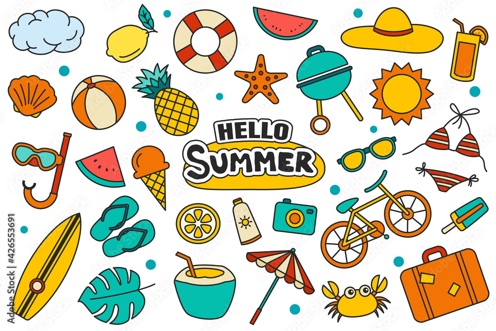 Hello summer collection set design on white background. Summer  symbols and objects colorful.