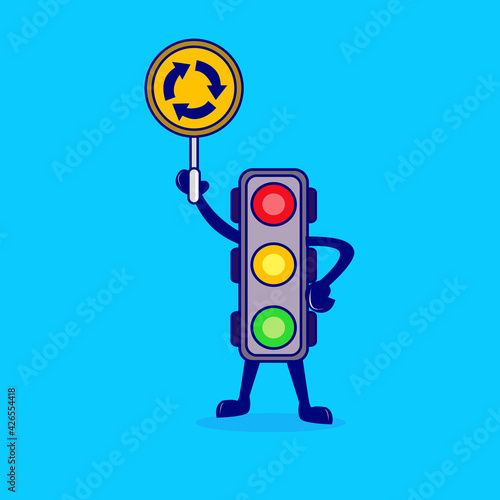 Traffic light cartoon with road sign vector illustration