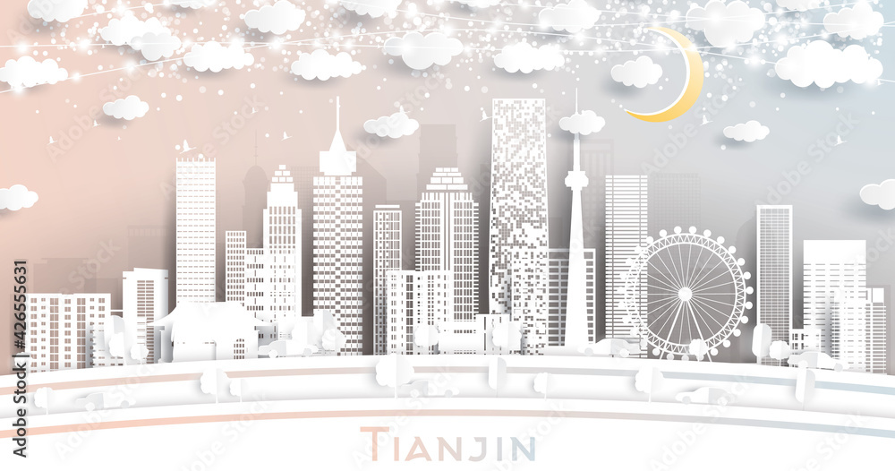 Tianjin China City Skyline in Paper Cut Style with White Buildings, Moon and Neon Garland.