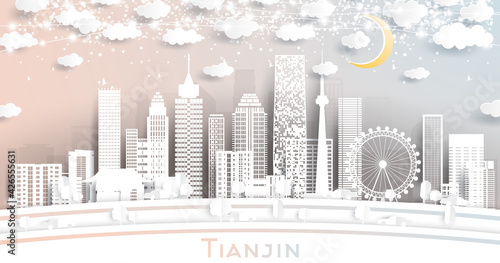 Tianjin China City Skyline in Paper Cut Style with White Buildings  Moon and Neon Garland.