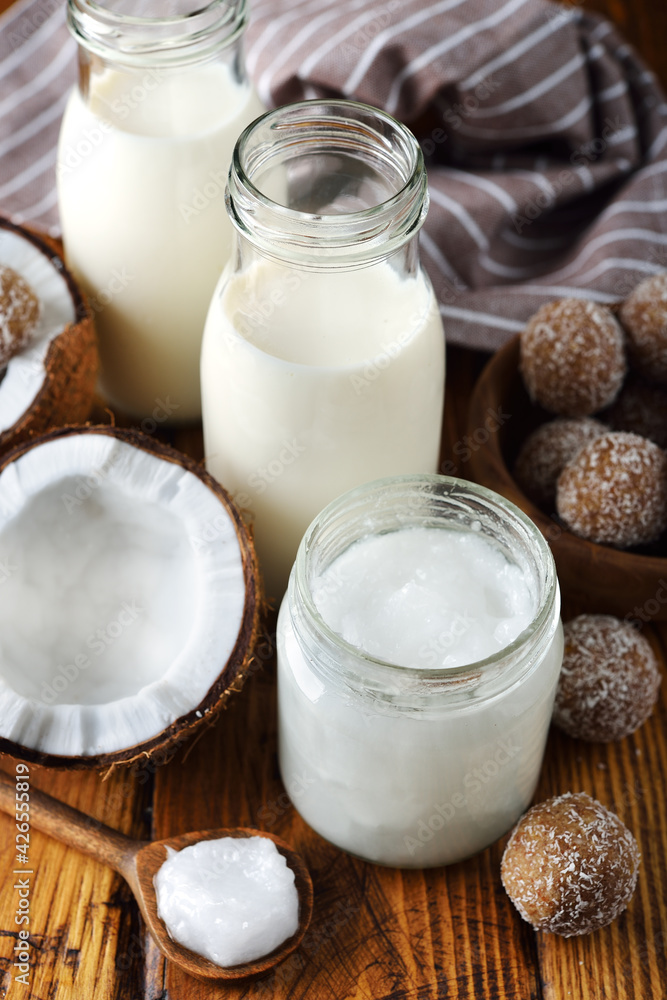 Vegan coconut products, milk, butter and candy Vegan coconut products, milk, butter and candy