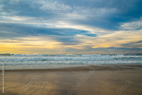 Fototapeta Naklejka Na Ścianę i Meble -  Empty sand beach at sunset. Beautiful seascape in gold and blue colors