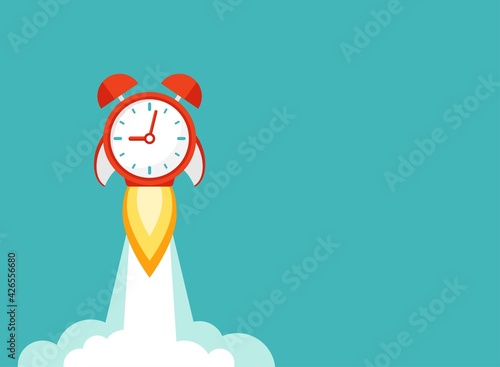 red stopwatch rocket ship with fire and clouds. Fast time stop watch, limited offer, deadline symbol.