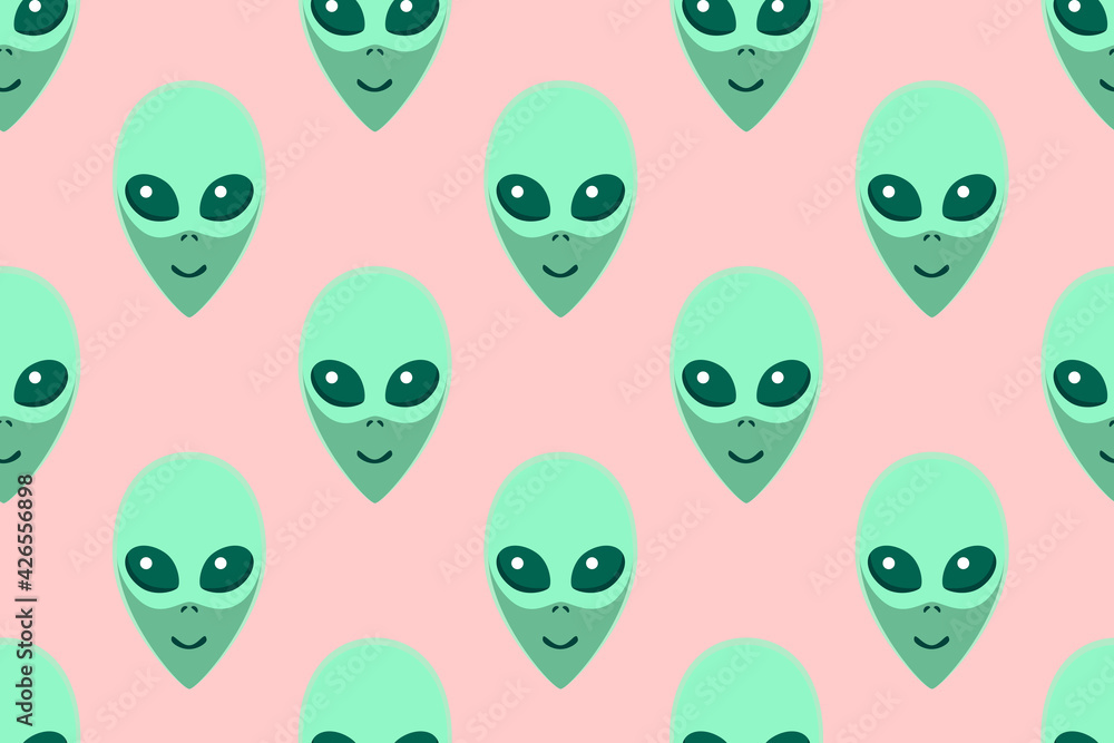 Seamless pattern with Aliens green heads. UFO, Humanoids endless backdrop isolated. Smiling visitors, Martians. Vector illustration, wallpaper on theme of space, conspiracy theory, Sci-fi, fantastic