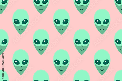 Seamless pattern with Aliens green heads. UFO, Humanoids endless backdrop isolated. Smiling visitors, Martians. Vector illustration, wallpaper on theme of space, conspiracy theory, Sci-fi, fantastic