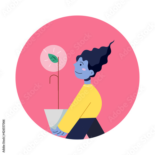 a blue man holding leaflet plant represent about expectation and determination.