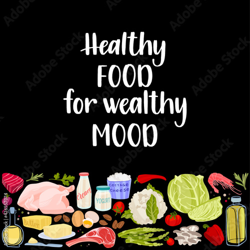 Healthy nutrition inspirational quote. Hand drawn healthy food and motivational phrase.