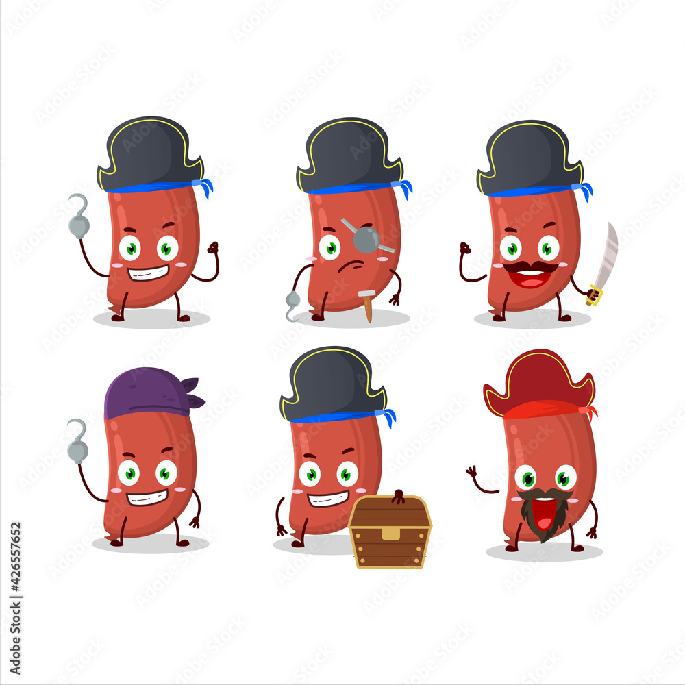 Cartoon character of sausage with various pirates emoticons Cartoon character of sausage with various pirates emoticons