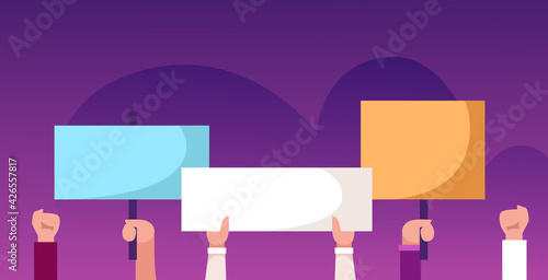 protesters hands holding peace protest posters blank vote placards demonstration speech activist rally election campaigning political freedom concept horizontal