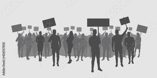 silhouette of protesters crowd holding protest posters men women with blank vote placards demonstration speech political freedom concept horizontal full length