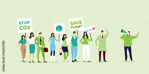 environmental activists holding posters go green save planet strike concept protesters campaigning to protect earth demonstrating against global warming full length horizontal
