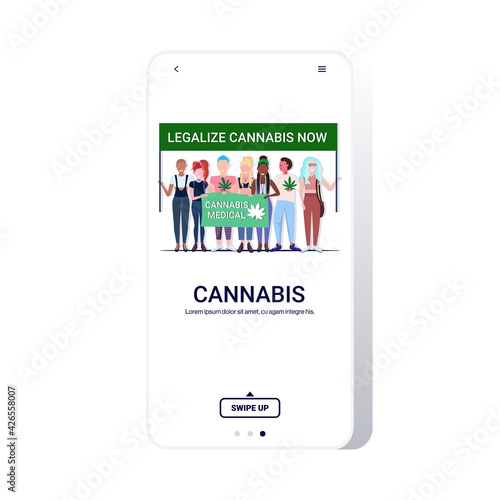 mix race people holding legalize cannabis now protest poster medical marijuana legalization drugs consumption concept smartphone screen mobile app full length copy space
