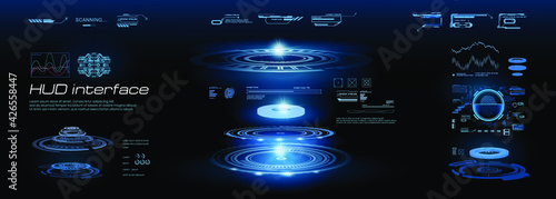 Digital holographic interface with HUD, GUI, UI elements. Set of portals with blue glow. Custom game holographic panel