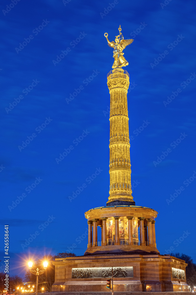 The famous Victory Column in the Tiergarten in Berlin, Germany, at night
