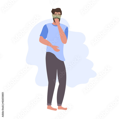 sad man with pale face vomit nausea stomach ache food or alcohol poisoning digestive problem concept unhappy guy feeling sick full length