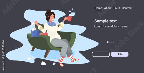 woman caught cold blowing nose drinking hot tea influenza infection symptoms flu season concept full length horizontal copy space