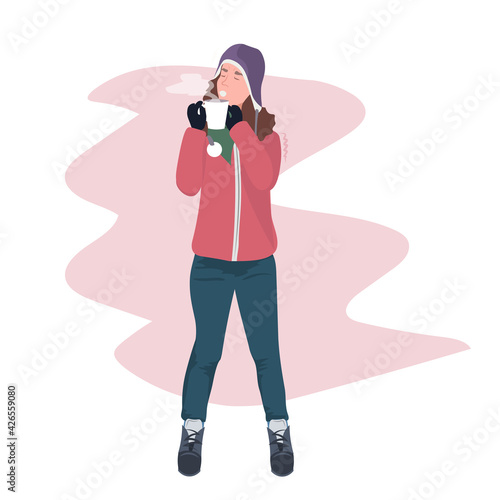 woman catch cold drinking hot tea influenza infection symptoms flu season concept full length