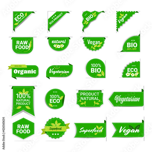 set eco natural product stickers organic healthy vegan market logo fresh food emblems collection badges design