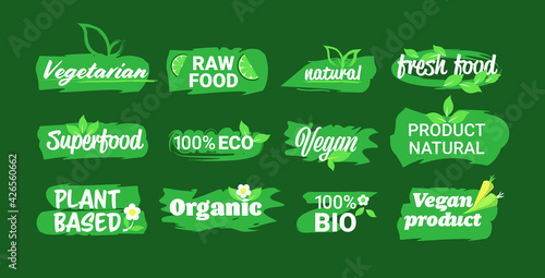 set eco natural product stickers organic healthy vegan market logo fresh food emblems collection badges design horizontal