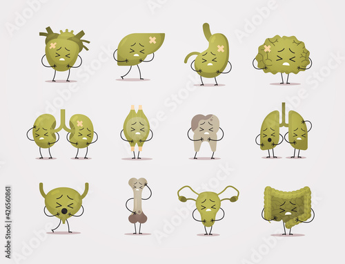 set unhealthy mascot characters sick damaged green human body internal organs anatomy concept vector illustration