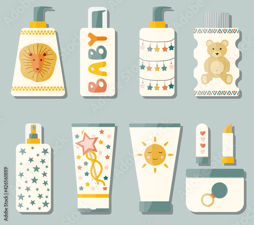 Set of beauty cosmetic bottle with baby design. Hand-drawn skin care child products vector illustration