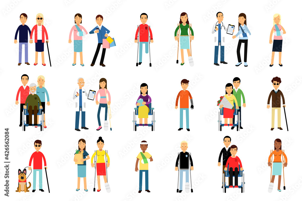 Disabled People Characters and Assistance Vector Illustration Set