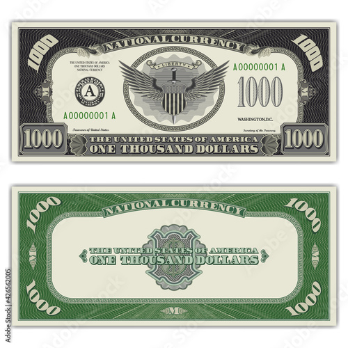 Fictional US paper money. Fake obverse and reverse of a 1000 dollar banknote with a shield, sword and wings in the center. Green-gray guilloche frame