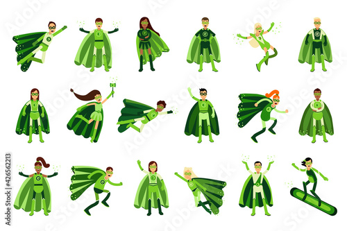 Young Man and Woman in Green Eco Superhero Costumes Standing and Rushing to the Rescue Vector Illustration Set