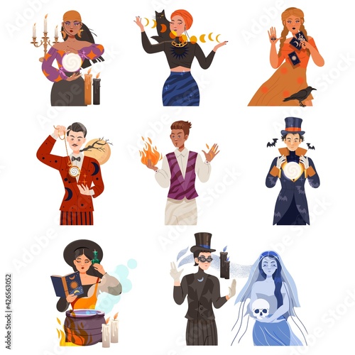 Man and Woman Fortune Teller, Psychic and Hypnotist Predicting Future and Performing Occult Ritual Vector Illustration Set