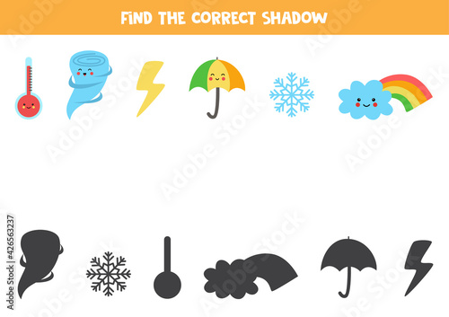 Find correct shadow of weather events. Game for children.