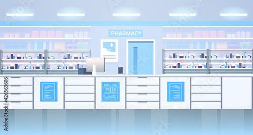 medicines arranged in shelves empty no people pharmacy modern drugstore interior horizontal