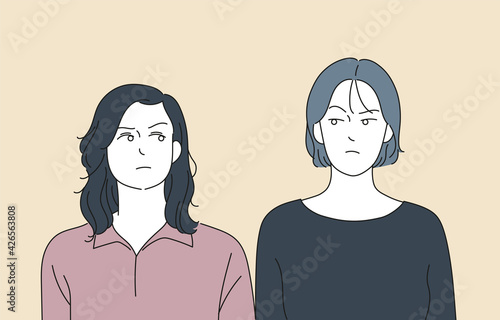 Two women are staring at each other. hand drawn style vector design illustrations. 