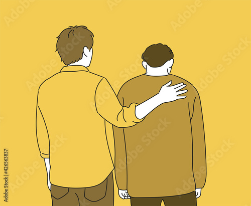 One man comforts another man by tapping on the shoulder. hand drawn style vector design illustrations. 