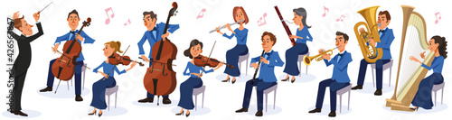 Music conductor and symphony orchestra on white background. Performing with various kinds of musical instruments. Vector illustration in flat cartoon style.
