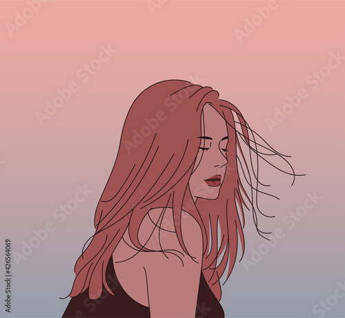 A woman closes her eyes and faces the blowing wind. hand drawn style vector design illustrations. 