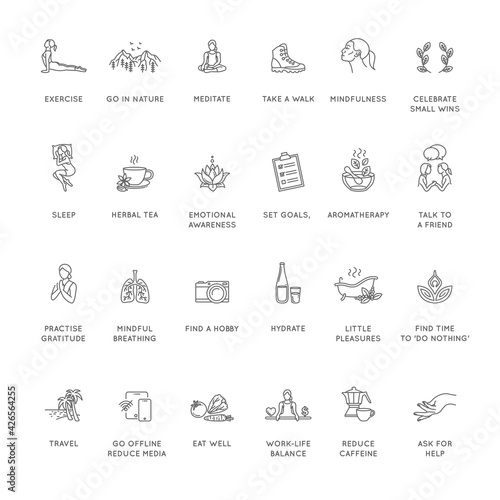 Mental health, wellness, psychological hygiene thin line style vector icon set