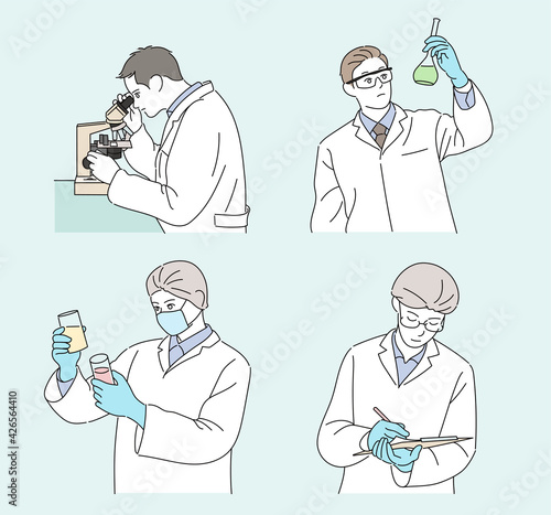 A researcher in a white gown is conducting an experiment. hand drawn style vector design illustrations. 