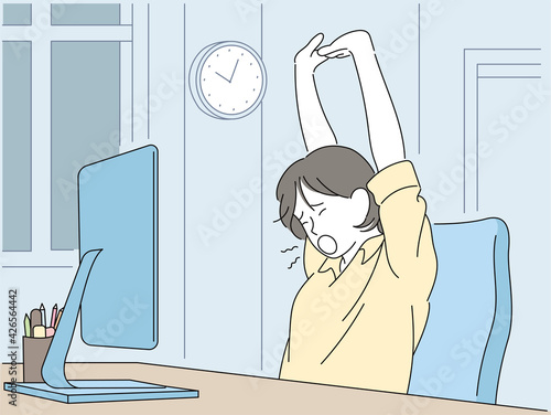 A woman stretching while yawning in front of a computer. hand drawn style vector design illustrations. 