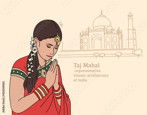 Indian woman praying in front of the Taj Mahal. hand drawn style vector design illustrations. 