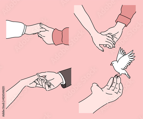 Are holding each other's hands. Hands close-up. The bird flies and sits on the hand. hand drawn style vector design illustrations. 