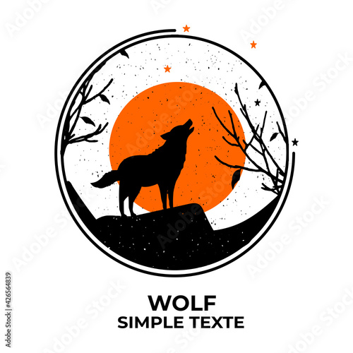 the wolf on the mountain howls. forest landscape in a round frame. vector. EPS format