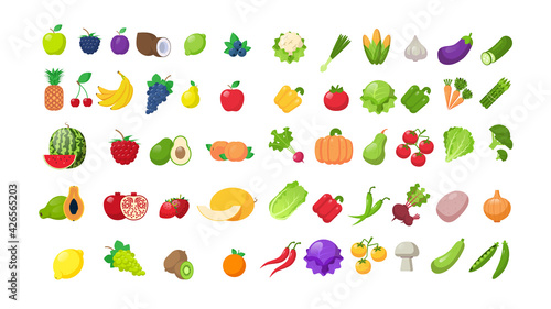 set fresh fruits and vegetables stickers healthy food collection horizontal