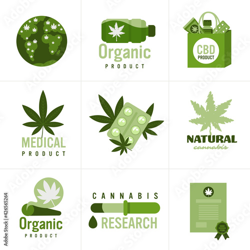 set medical cannabis or marijuana natural product ganja legalization hemp leaf drug consumption concept