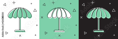 Set Sun protective umbrella for beach icon isolated on white and green, black background. Large parasol for outdoor space. Beach umbrella. Vector Illustration