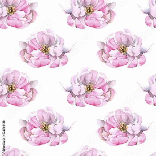 Fototapeta Naklejka Na Ścianę i Meble -  Seamless pattern with watercolor peony flowers. Texture for wrapping paper, fabric, cards, wallpaper and packaging.
