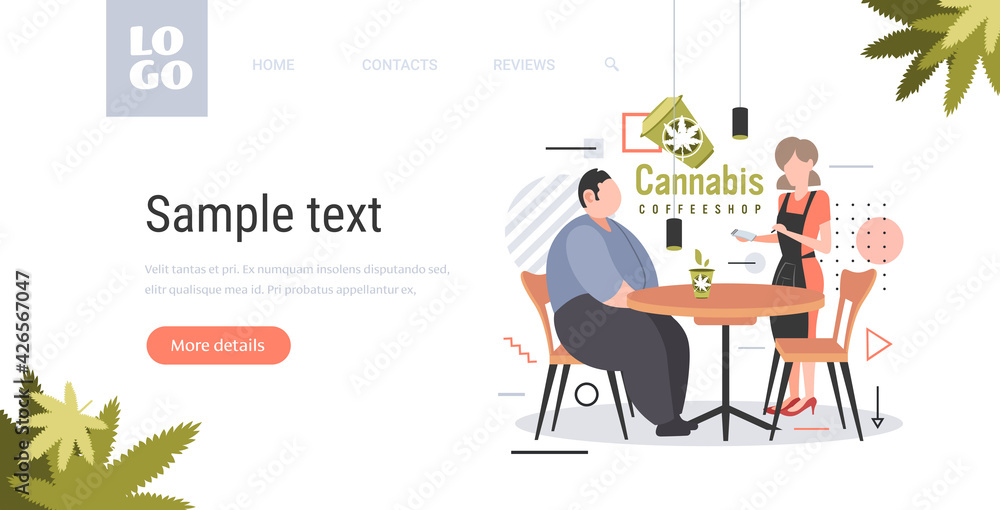 waitres taking order from man customer with cannabis coffee modern cafe shop marijuana legalization drugs consumption concept horizontal copy space full length