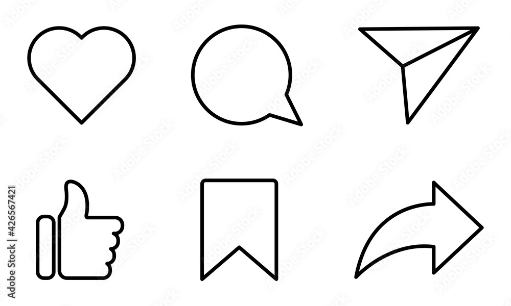 Set of social media icons. Like, share, comment, love, repost and save. Silhouette flat line art symbols - obrazy, fototapety, plakaty 