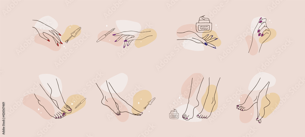 Female hands and feet. Manicure and pedicure concept. Vector Illustration in trendy outline style. Design element for web icons, nail art studio or spa salon logo. - obrazy, fototapety, plakaty 